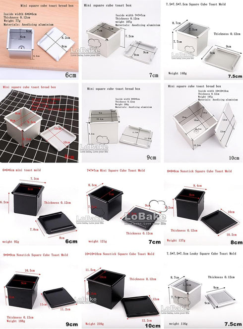 6 7 8 9 10cm Square Cube Smooth Nonstick Leaky Anodizing Aluminium Bread Box Mold with Lid Cake Toast Maker DIY Bakeware (6cm)...