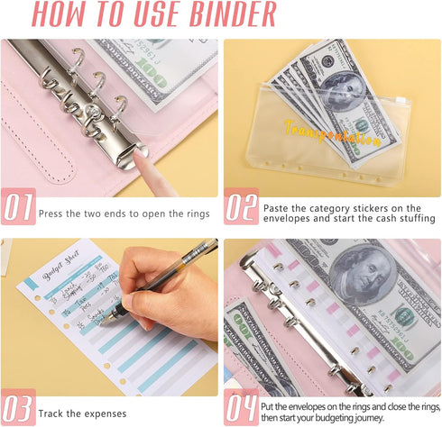 Budget Binder with Zipper Envelopes,A6 Money Organizer for Cash with 12PCS Cash Envelopes,12PCS Budget Sheets, 28 PCS Categories Sticker Labels fo...
