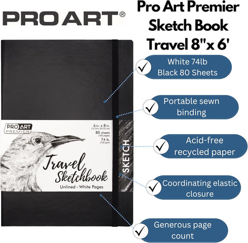 Pro Art Premier Sketch Book Travel 8"x 6" White 74lb Black 80 Sheets, Sketch Book, Sketchbook, Drawing Pad, Sketch Pad, Drawing Paper, Art Book, D...
