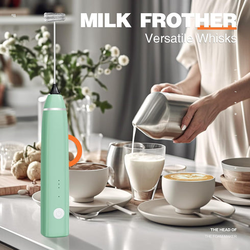 Milk Frother Rechargeable Handheld Electric Whisk Coffee Frother Mixer with 2 Stainless whisks 3 Speed Adjustable Foam Maker Blender for Coffee Ma...