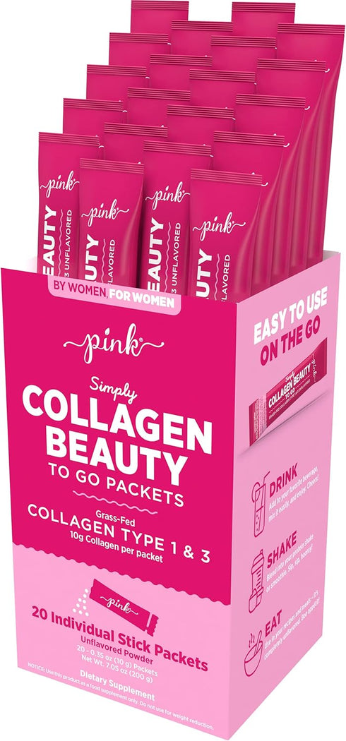 PINK Collagen Powder to Go | 20 Travel Packets | Unflavored Powder Type 1 & 3 | Gluten Free & Non-GMO Grass Fed Peptides...