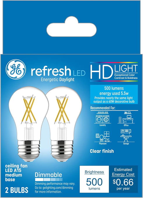 GE Refresh LED Light Bulbs, 60 Watt, Daylight, A15 Celling Fan Bulbs, Clear Finish (2 Pack)...