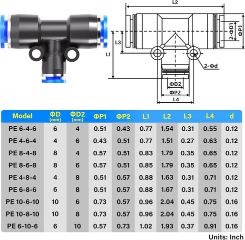 TAILONZ PNEUMATIC Blue 10MM Tube OD x 6MM Tube OD x 10MM Tube OD Tee Plastic Push to Connect Fittings 3 Ways Tube Connect Push Fit Push Lock PE10-...