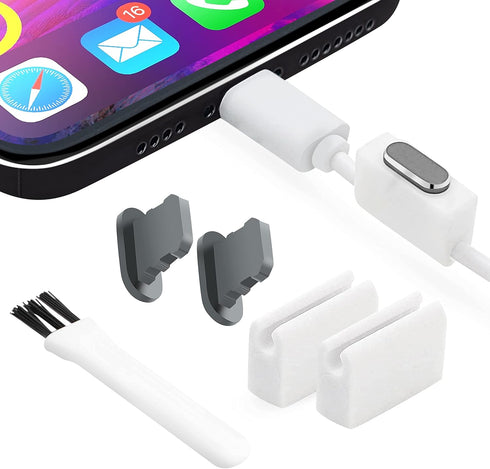 Dust Plugs (2-Pack) - Compatible w/with Lightning Port, iPhone 14-7, Plus, Max, Pro, iPad, Aluminum Build - Incl. Holder & Cleaning Brush (Gun Met...