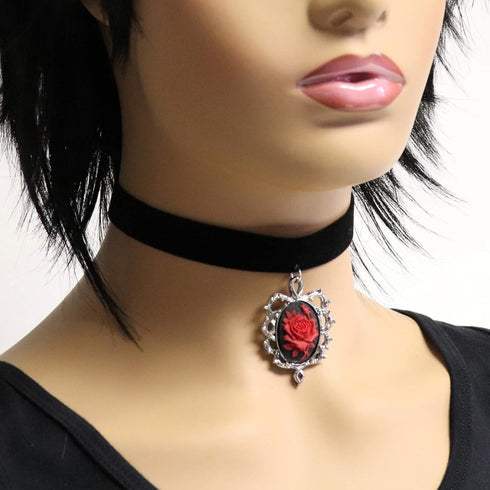Gothic Red Rose Cameo Black Velvet Choker Adjustable Size Cosplay Jewelry...