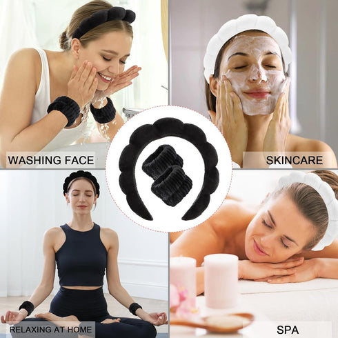 6Pcs Sponge Spa Headband for Washing Face Black Skincare headband Face Wash Headband White Makeup Headband and Wristband Set for Face Washing Wome...