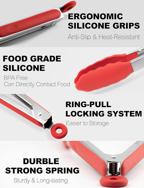 Anaeat Non-Stick Silicone Locking Tong Set of 3 - Stainless Steel 7", 9" and 12" Kitchen Food Tongs with Non-Slip Silicone Tips and Grip for Cooki...