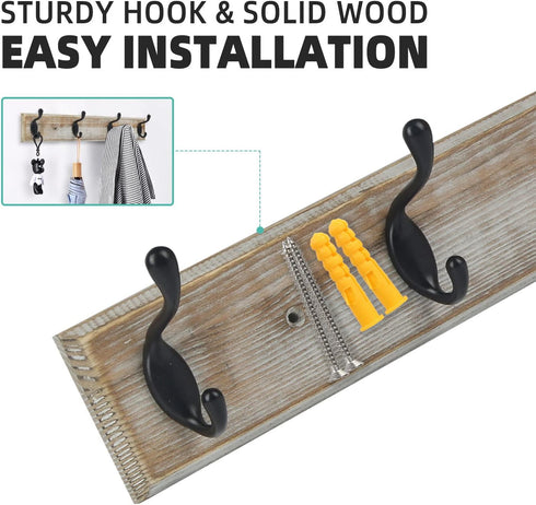 Coat Rack Wall Mounted, Entryway Wall Coat Rack with 4 Rustic Coat Hooks, 17” Vintage Pinewood Hanger Hat, Dual Hook for Hanging Keys Hats, Perfec...