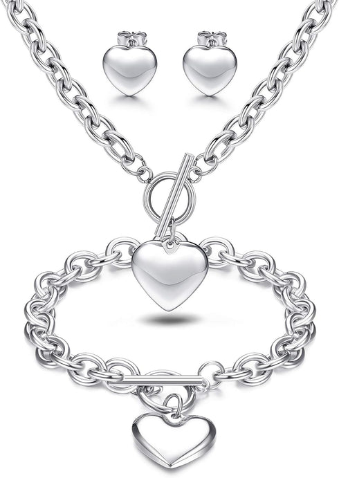 LOYALLOOK 3Sets Heart Pendant Necklace Toggle Chain Heart Bracelet Heart Stud Earrings for Women Stainless Steel Charm Love Heart Jewelry Set for ...