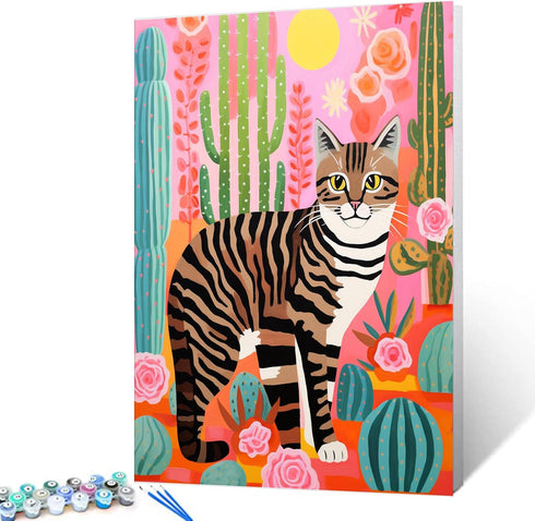 Paint by Number Cat Near Cactus DIY Painting On Canvas with Brushes Acrylic Paints Pop Art Style Graffiti Funny Kitten Paint by Numbers for Adults...