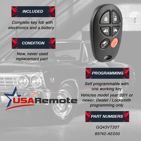 Key Fob Keyless Entry Remote fits 2004-2016 Toyota Sienna (GQ43VT20T 6-Btn)...