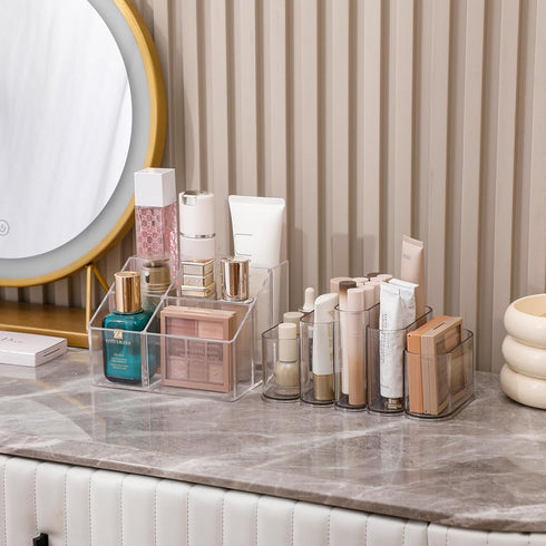 Yesesion Plastic Makeup Brush Holder for Desk, Clear Cosmetics Brushes Organizer with 5 Compartment, Storage Cup for Eyeliners, Facial Painting Ki...