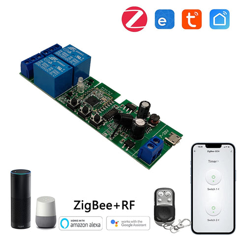 Zigbee Tuya Smart 2 Channel Smart Relay Module with 433RF Remote Control USB 5V 7-32V Jog/Lock Switch Compatible with Alexa Google Home (Requires ...