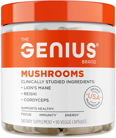 Genius Mushroom Supplement - Full-Spectrum Lion’s Mane, Cordyceps, Reishi -Daily Brain Nootropic for Energy, Focus, Memory & Overall Wellness - 90...