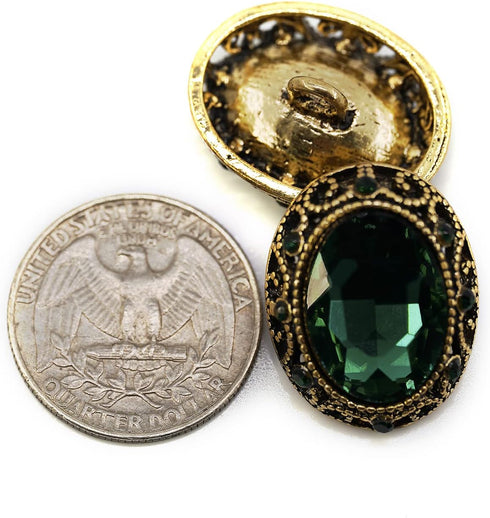 10 pcs Whole Oval Cut Green Rhinestone Vintage Copper Hollow Metal Shank Sewing Coat Buttons -25mm -1"...