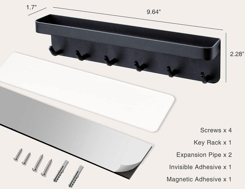 Decorative Key and Leash Holder for Wall Black 6 Pcs Key Hook with Shelf Stainless Steel Wall Mount Mail Holder and House Key Holder Modern Key Ho...