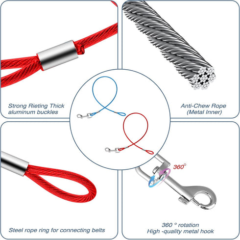 Chew Proof Cable Dog Leash Extension, 2 Pack Metal Cable Leads, Heavy Duty Dog Leash Non-Tangle Connect Leash for Any Leash & Collar & Harness, Do...