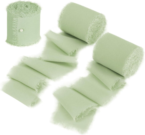 DORIS HOME 3 Rolls 2"x7Yd Fringe Chiffon Ribbon for Flower Bouquet, Handmade Sage Green Ribbon for Gift Wrapping, Frayed Edge Ribbon for Crafts, D...