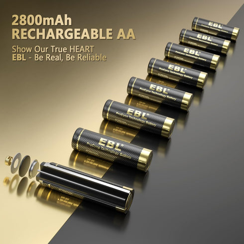 EBL Gold Pro Rechargeable AA Batteries 1.2V 2800mAh NIMH Battery Upgraded High Capacity AA Battery Precharged Double A Battery - 8 Packs...