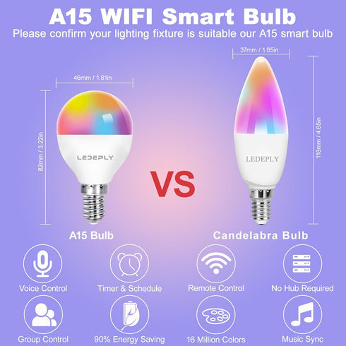 A15 LED Smart Bulb, 5W=40W,Compatible with Alexa, Google Assistant, E12 Base, Dimmable, 2.4G WiFi ONLY, RGB Color Changing, Tunable White 2700K-65...
