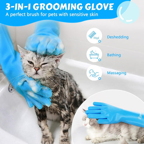 Pecute Pet Grooming Gloves, Heat Resistant Cat Bathing Gloves with High-Density Teeth, Silicone Dog Bathing Gloves with Enhanced Five Finger Desig...