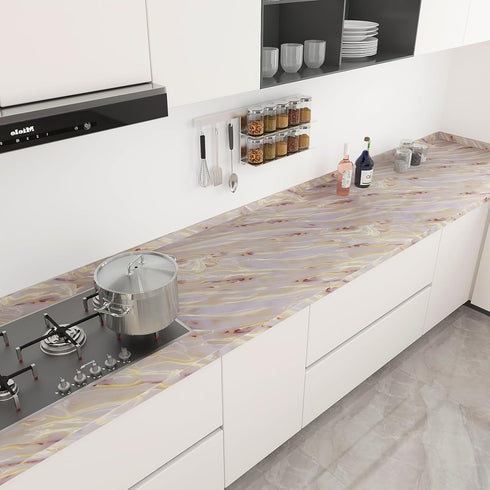 Pink Purple Glossy Marble Contact Paper for Cabinets and Drawers Granite Countertop Wall Paper Peel and Stick Modern Kitchen Wallpaper Self Adhesi...