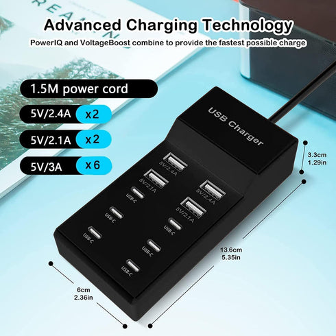 USB C Charger,10 Ports USB Charger Station with 6 Ports USB-C Charger, Desktop 50W Multi Port USB Charger Compatible with iPhone/Huawei/LG/Google ...