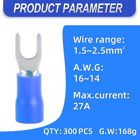 300 Pcs Blue 16-14 AWG Insulated Fork Spade U-Type Wire Connector Electrical Crimp Terminal...