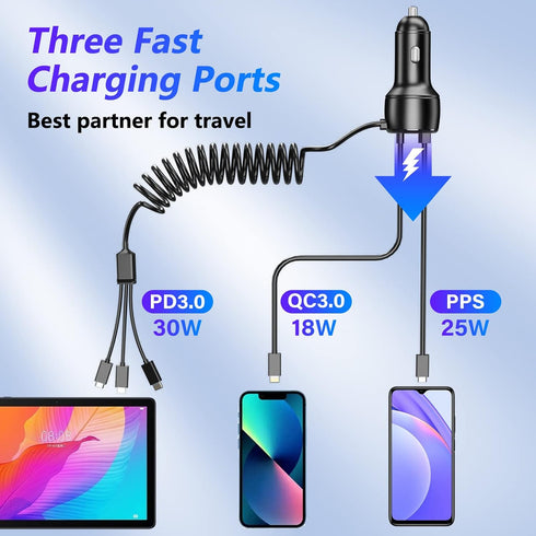 66W High-Speed Car Charger - 5-Port Fast Charging Hub with PD & QC3.0, Universal Compatibility for iPhone 15/14/13/12/11, Samsung Galaxy S23/S22/S...