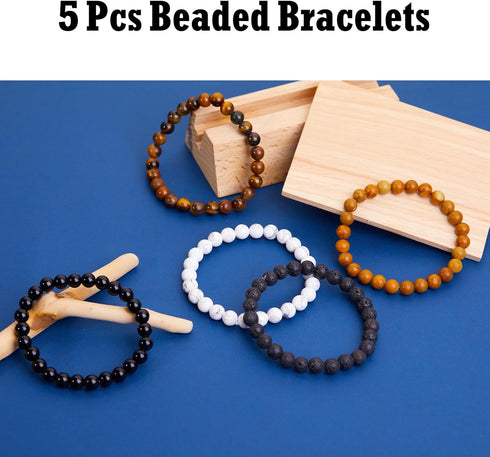 5pcs Bracelets set for Men, Natural Stone Mens Beaded Bracelets, 8mm Tiger Eye Lava Rock Black Agate Bracelet...