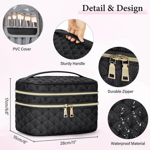 IGOLUMON Travel Makeup Bag Double Layer Make Up Bag Portable Large Cosmetic Bag Wide-open Toiletry Bag for Women Roomy Cosmetic Case Pouch Multifu...