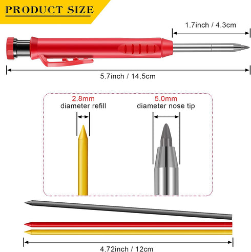 Outus Solid Carpenter Pencil for Construction and Refills with Built in Sharpener, Long Nosed Deep Hole Mechanical Pencil Marker Marking Tool for ...