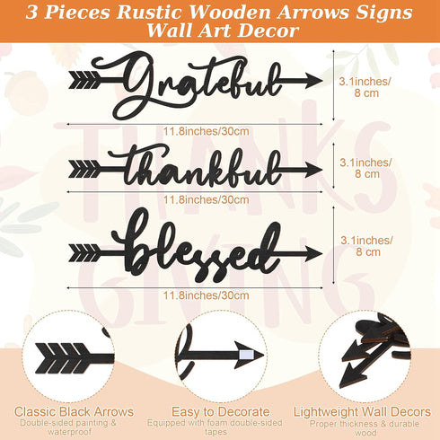 Yookeer 3 Pcs Thankful Grateful Blessed Letter Sign Wood Cutout Sculptures Arrow Signs Wall Decor Black Letters Rustic Wall Art for Home Bathroom ...