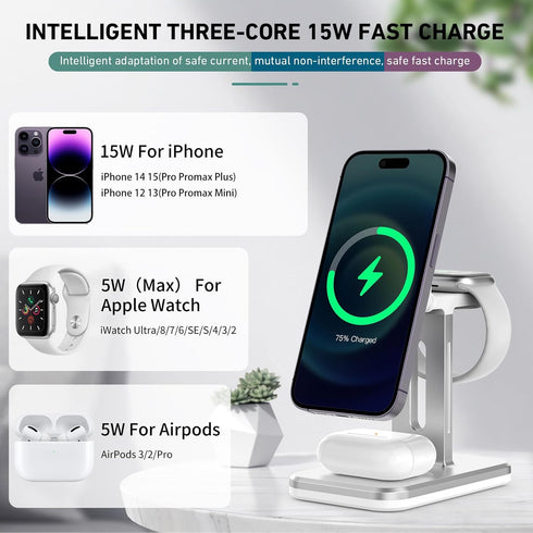 Wireless Charger 3 in 1 Charger Station Fast iPhone Charging Station with Adapter for 15,14,13,12 Pro/Max/Mini/Plus, iWatch 8/7/6/SE/5/4/3/2 and A...