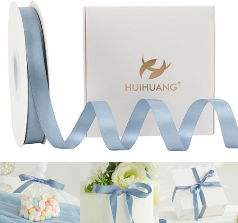 HUIHUANG Dusty Blue Satin Ribbon 1/2 inch X 50 Yards Continuous, Blue Double-faced Satin Ribbon for Gift Wrapping, Bows, DIY Crafts, Flower Bouque...