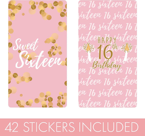 Pink and Gold Sweet 16 Birthday Party Mini Chocolate Candy Bar Wrappers, Pink Sweet Sixteen Party Favor Stickers - 42 Count...