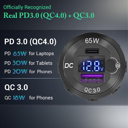 83W 12 Volt USB Outlet Built-in Boost USB C Laptop Car Charger: Ouffun 65W PD3.0 and 18W QC3.0 Car USB Port Aluminum Socket with Button Switch Sma...