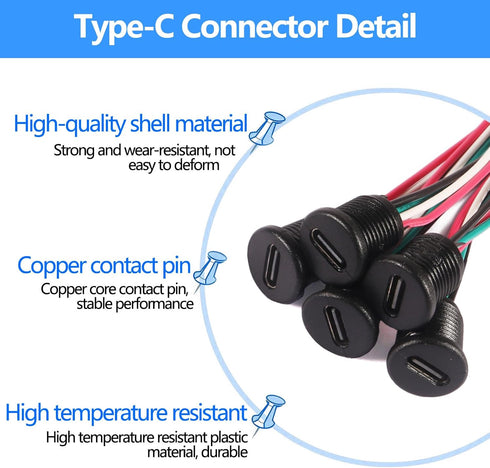 15PCS USB-C Charging Connector Type-C Female Chassis 4 Pin Socket Connector Waterproof USB C Pigtail Cable Extension Power Cable 3A USB-C Charger ...