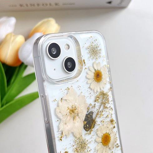 for iPhone 13 / iPhone 14/ iPhone 15 Clear Case with Pressed Real Flowers Design,Glitter Cute White Floral Pattern Soft TPU Protective Women Girl'...