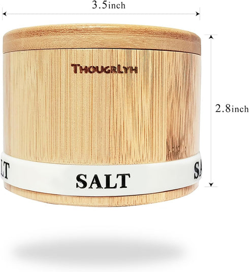 Salt Box Bamboo Salt Container with Swivel Lid and Spoon Small Spice Cellar with Label 8 oz Capacity salt Holder for Countertop with Magnetic to E...