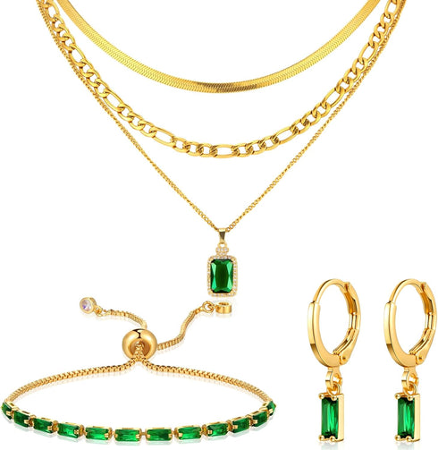 3 Pcs Emerald Jewelry Set Green and Gold Jewelry for Women Emerald Zirconia Layered Necklace Emerald Bracelets Earrings Birthday Anniversary Trend...