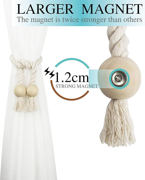 2 Pack Magnetic Curtain Tiebacks Cotton Hand Woven Tie Back Decorative Rope Holdbacks for Curtains Draperies No Tools Required, Beige...