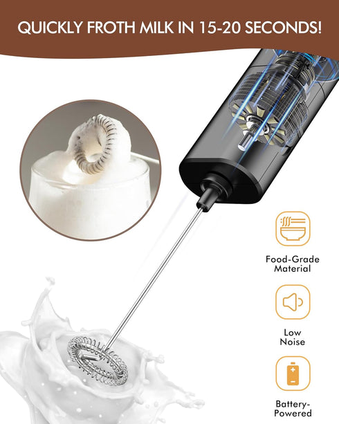 Electric Milk Frother Handheld, Coffee Frother Battery Operated Foam Maker Frother for Coffee, Frappe, Latte, Matcha, Protein Powder-Black...