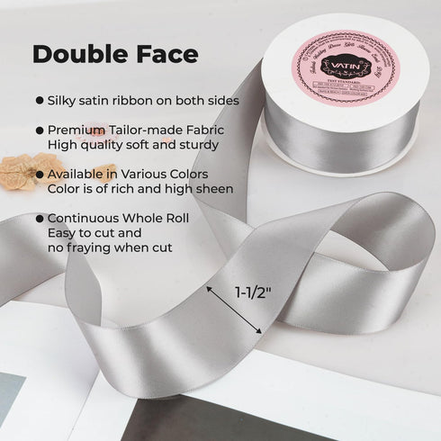 VATIN Double Face Deep Silver Satin Ribbon 1-1/2" Continuous 25 Yards,Silver Polyester Fabric Ribbon use for Bows Bouquet, Gift Wrapping, Floral A...