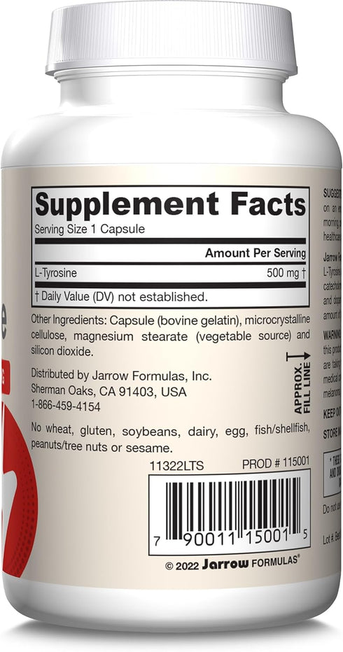 Jarrow Formulas L-Tyrosine 500 mg, Dietary Supplement, Amino Acid Supplement for Brain Health Support, 100 Capsules, 100 Day Supply...