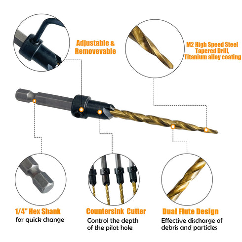 9Pcs Wood Countersink Drill Bit Set, Titanium Tapered Drill Bits and Wood Plug Cutter, Countersink Chamfer Drilling Tool for Woodworking and Carpe...