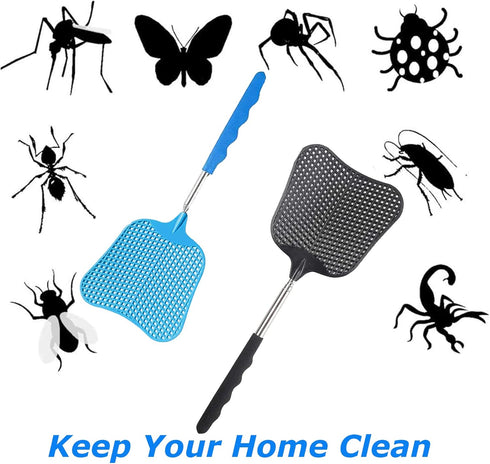 2 Pieces Fly Swatter, Extendable Fly Swatter Lightweight Manual Swat Pest Control, Adjustable Length 26 to 75 cm, Adjustable Stainless Steel Teles...