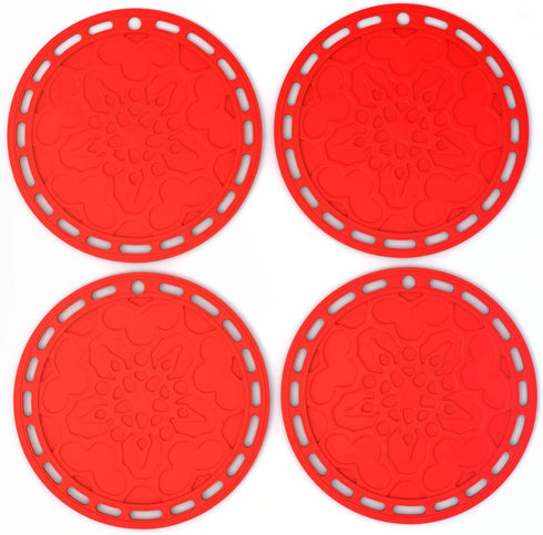 Silicone Hot Pads (Set of 4) - 6 in 1 Multi-Purpose Kitchen Tool, Pot Holder, Splatter Guard, Microwave Cover, Jar Opener, Decorative Trivet, Red,...