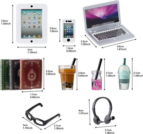 16Pcs Miniature Laptop Computer Tablet Toy Phone Pad and Coffee Juice Doll Accessories Mini Chairs and Table Glasses Headset Drink Playset Girl Sm...