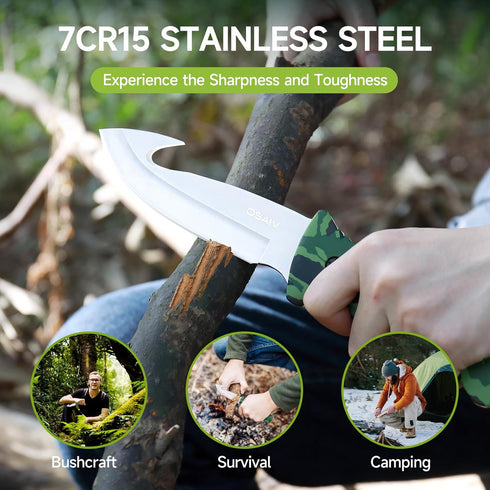 Fixed Blade Hunting Knife with Sheath,Full Tang Stainless Steel Camping Knife with Gut Hook Edge,Portable Deer Skinning Knife for Hunter,Outdoor H...